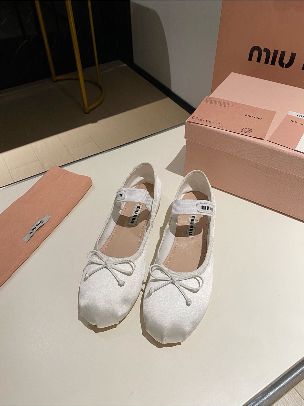 Miu Miu White Satin Ballet Flats with Logo Elastic Strap and Bow - Picture 1 of 6